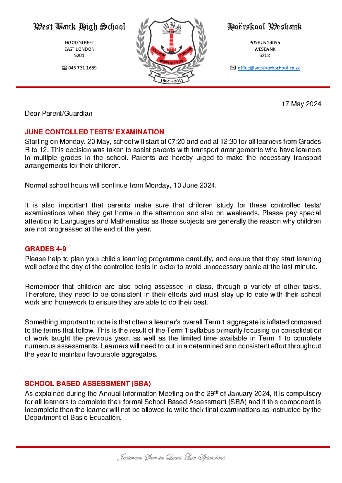 JUNE Controlled Tests Examinations Letter TO Parents - Justorum Semita ...