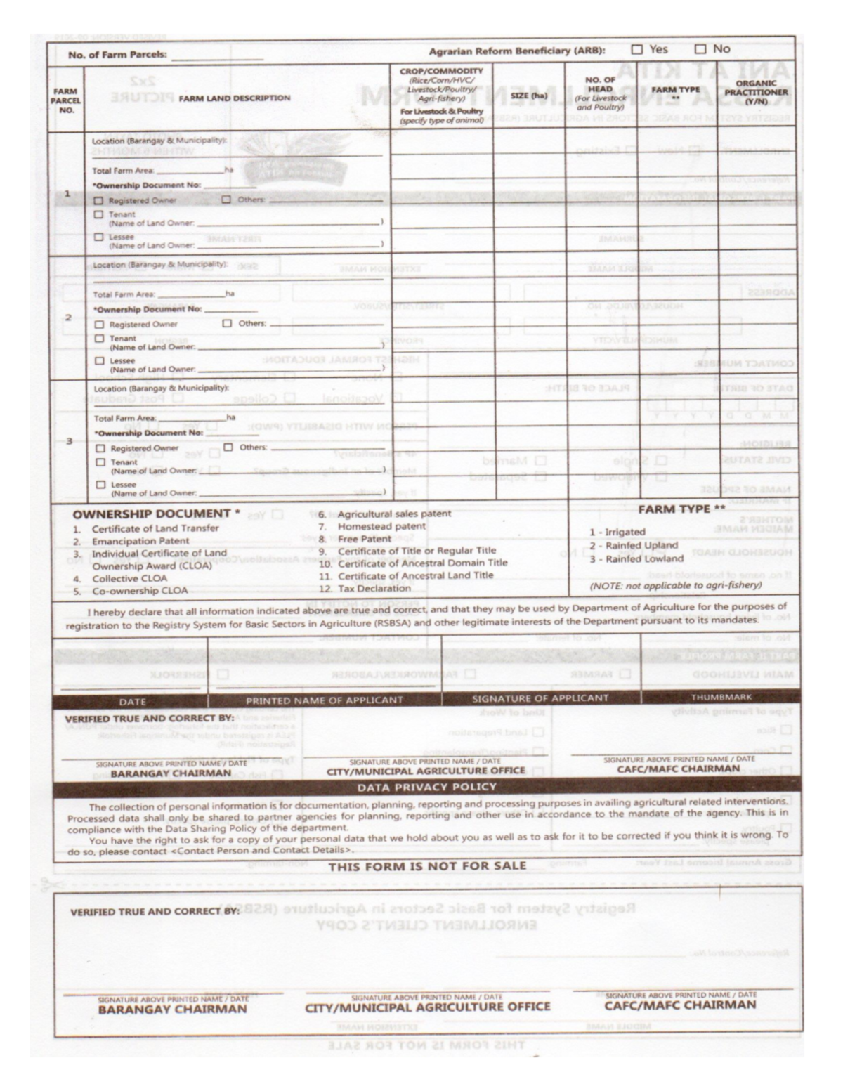 RSBA Forms For backyard swine raisers - No. of Farm Parcels: Agrarian ...