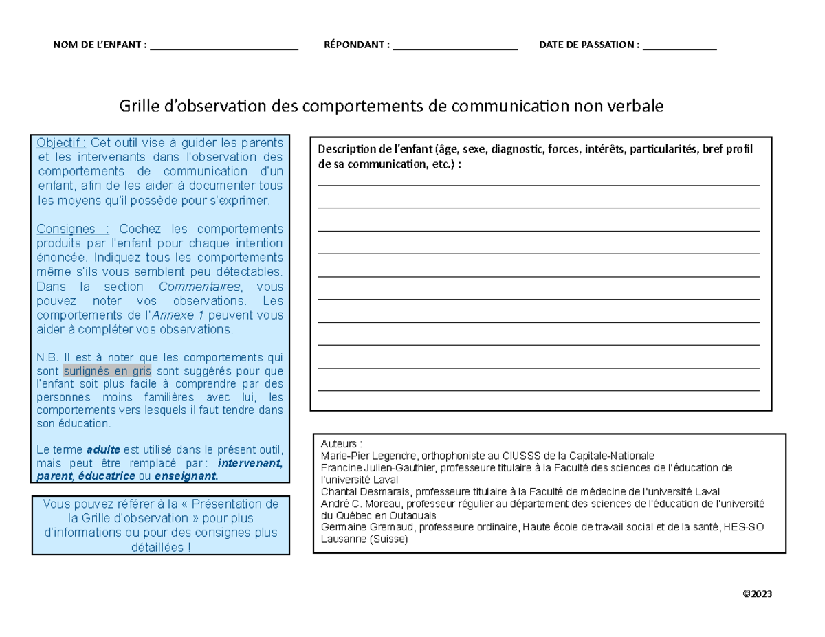 Grille d'observation revisitée-2023 - NOM DE L’ENFANT