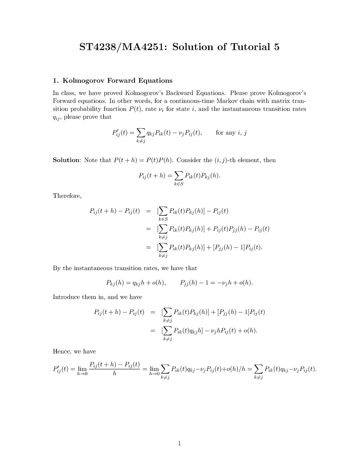 Stochastic Processes 2 - Sol5 - ST4238/MA4251: Solution Of Tutorial 5 1 ...