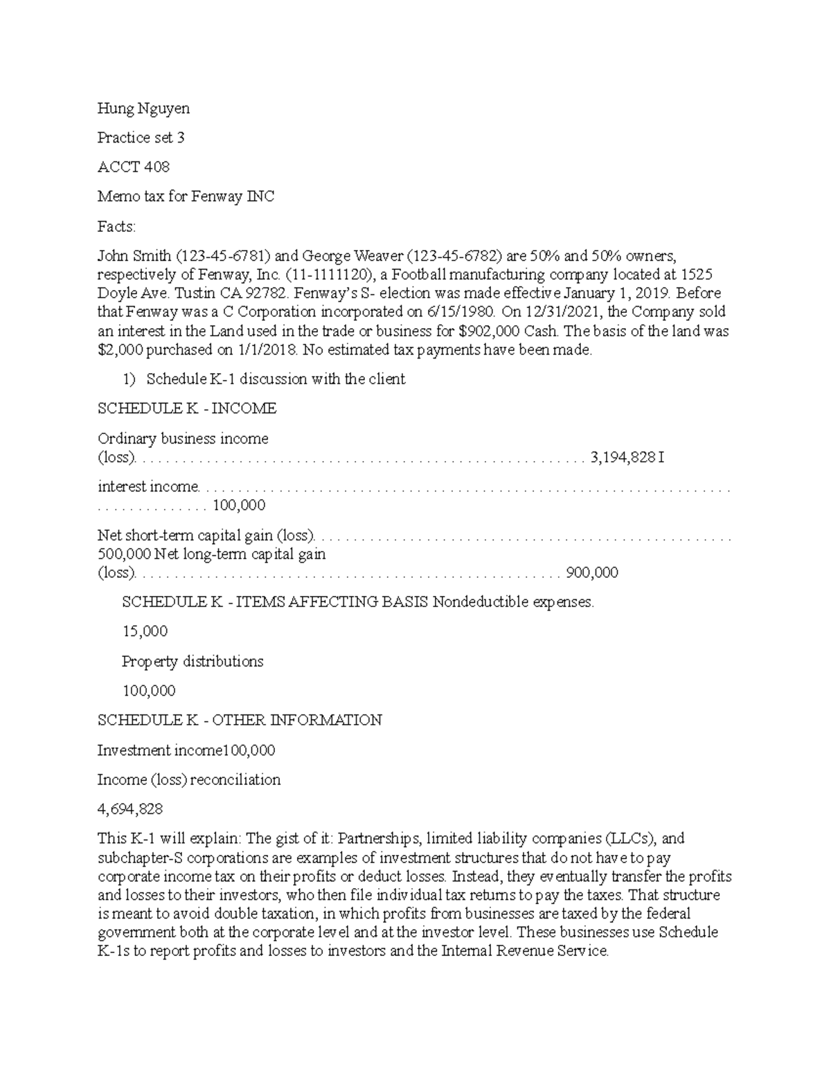 practice set 3 ACCT 408 - Hung Nguyen Practice set 3 ACCT 408 Memo tax ...