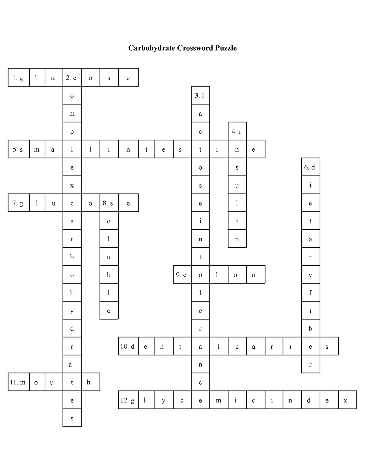 Macronutrient Crossword Carbohydrate Crossword Puzzle g l u 2 c o s