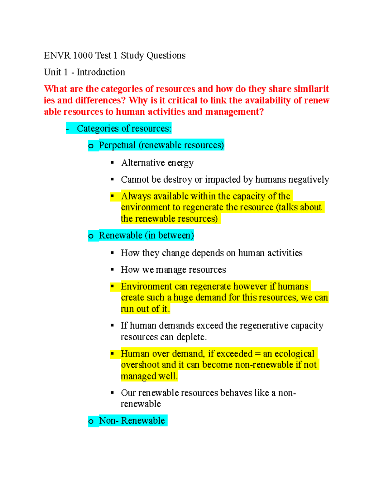 ENVR1000 Final Examreview - ENVR 1000 Test 1 Study Questions Unit 1 ...