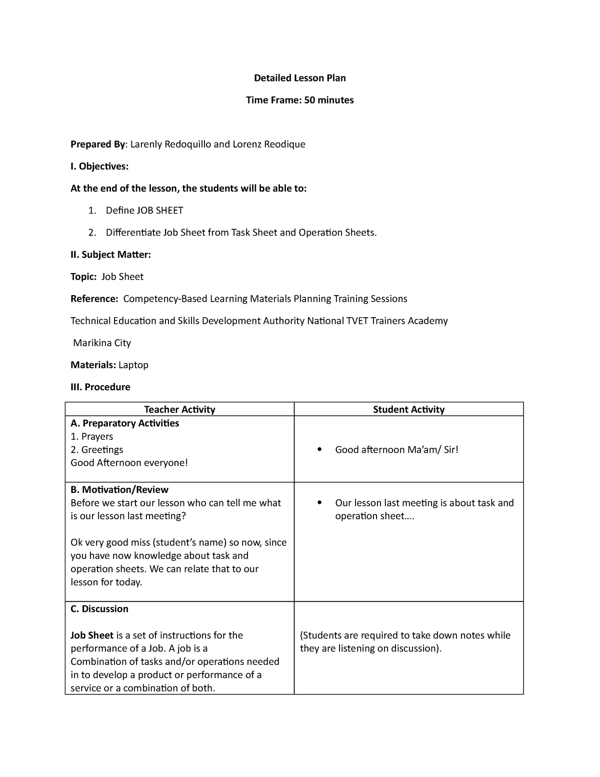 Lesson Plan Time Frame