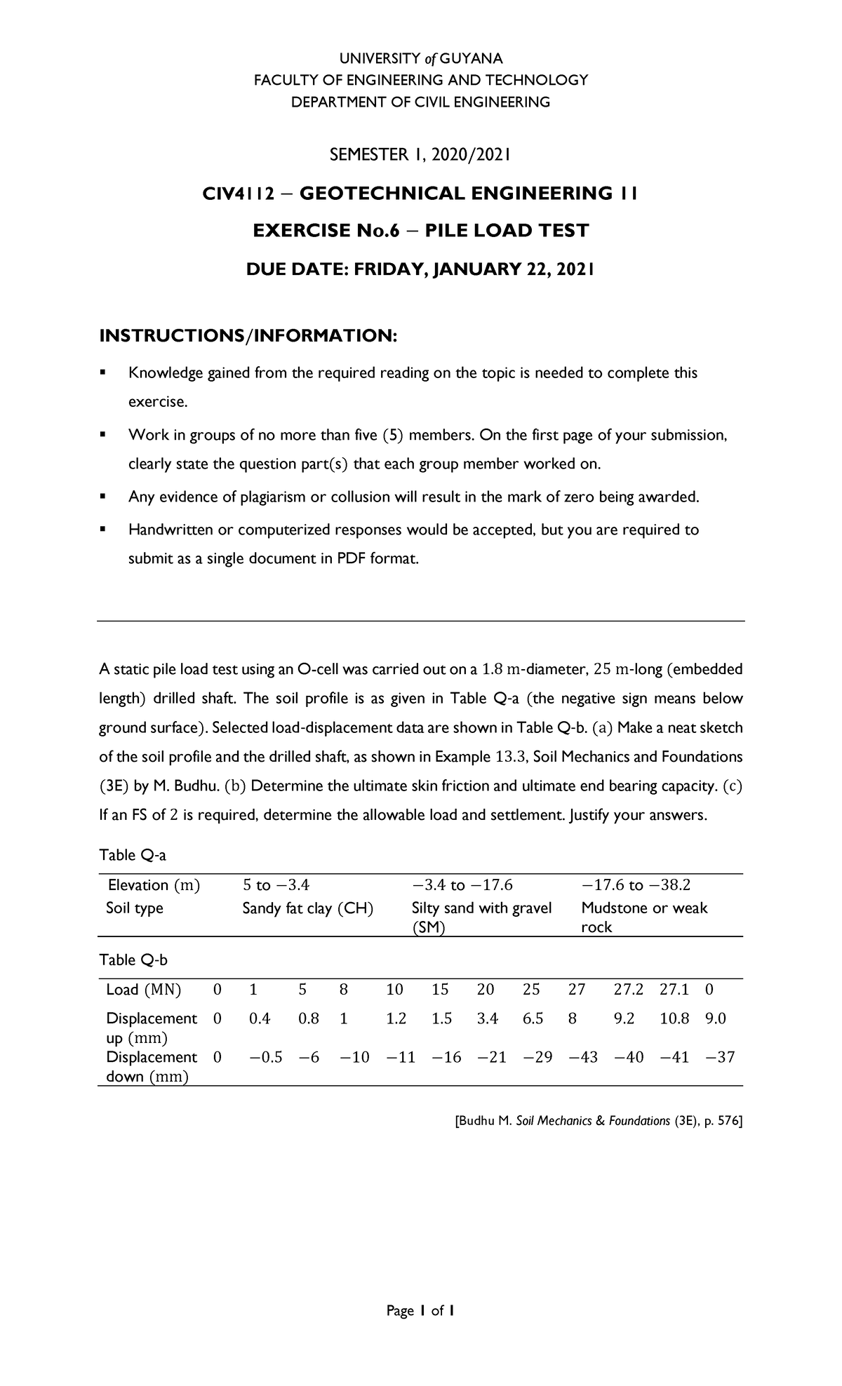 Exercise 6 - Pile Load Test - Page 1 of 1 UNIVERSITY of GUYANA FACULTY ...