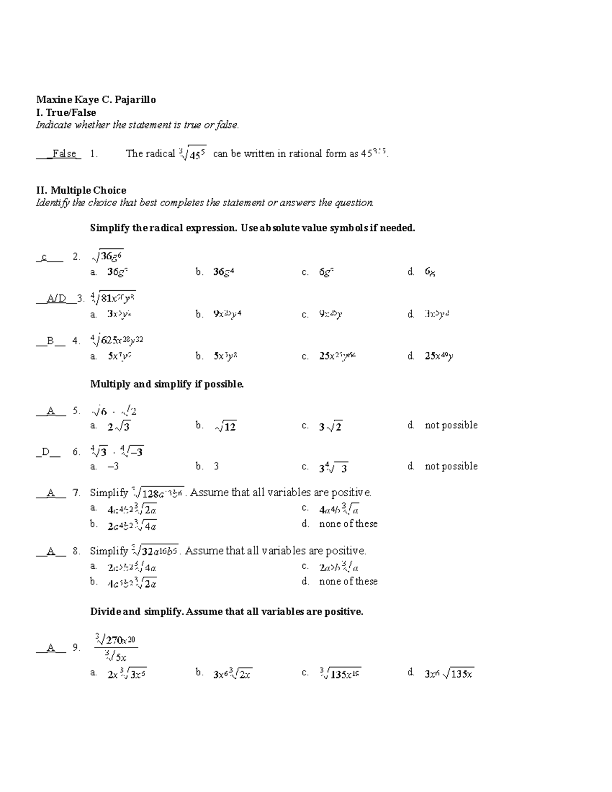 Midterm Examination of College Mathematics for Generalists - Maxine ...
