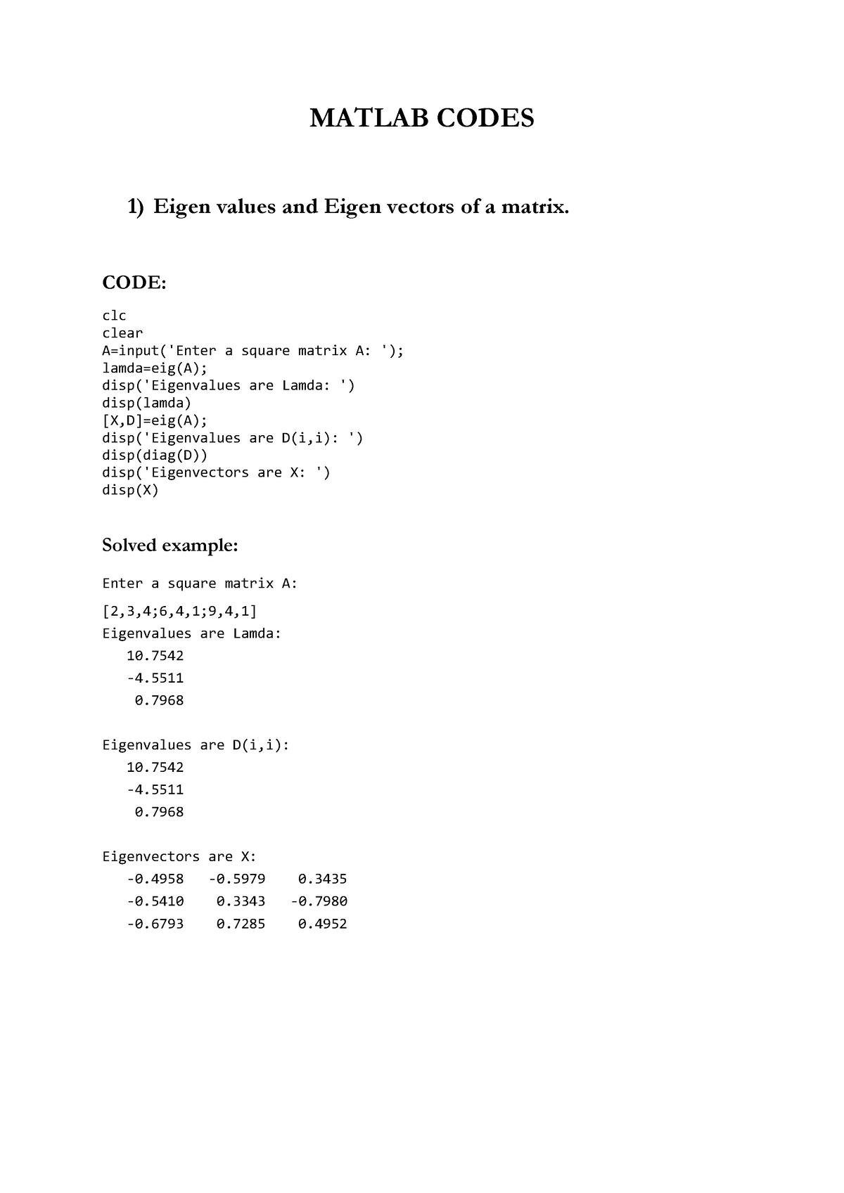 Matlab Codes Aod Matlab Codes Eigen Values And Eigen Vectors Of