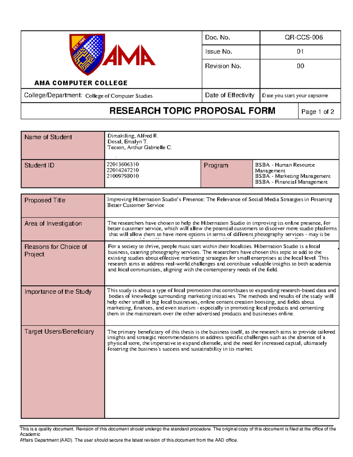 thesis title for bsba students