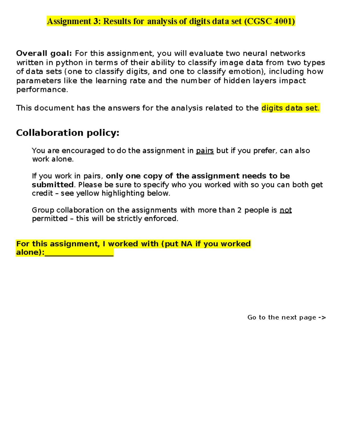 Assignment 3 digits questions - Assignment 3: Results for analysis of ...