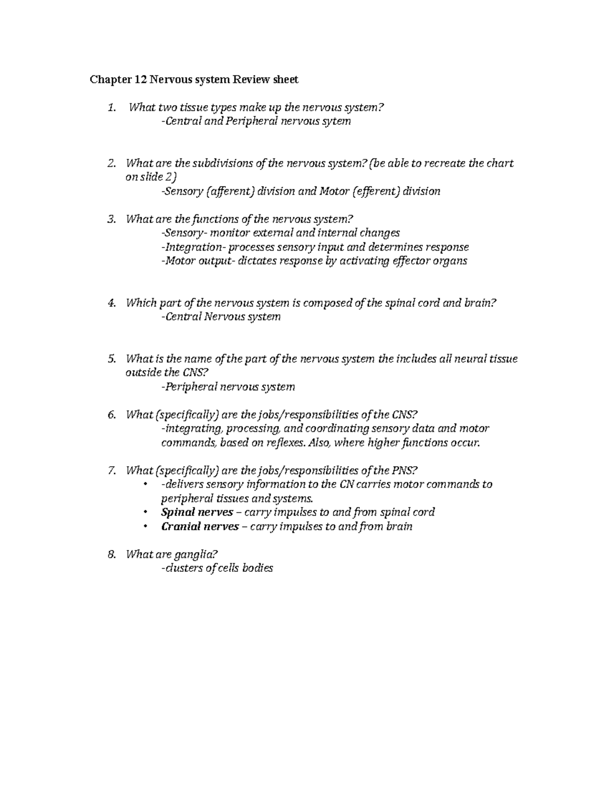 Ch 11 Nervous System Review - Chapter 12 Nervous system Review sheet ...