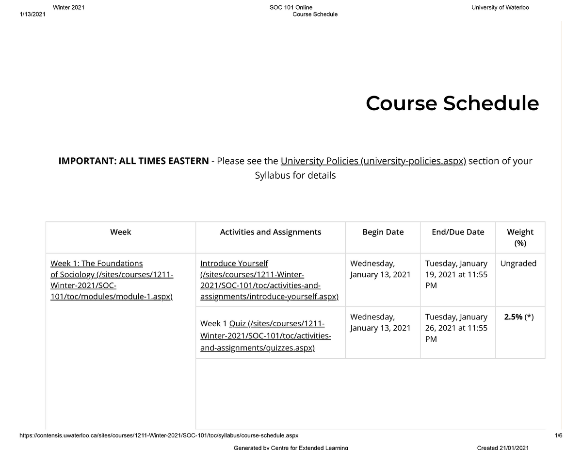 Course Syllabus Online 1/13/2021 Course Schedule Studocu