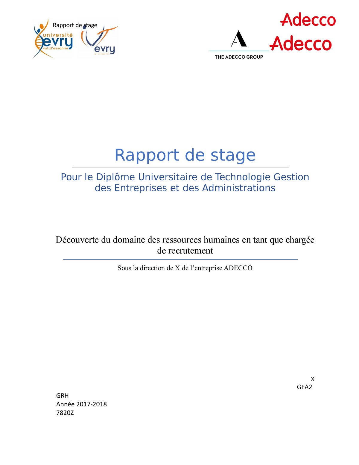 Rapport de stage  Découverte du service Recrutement  Rapport de stage