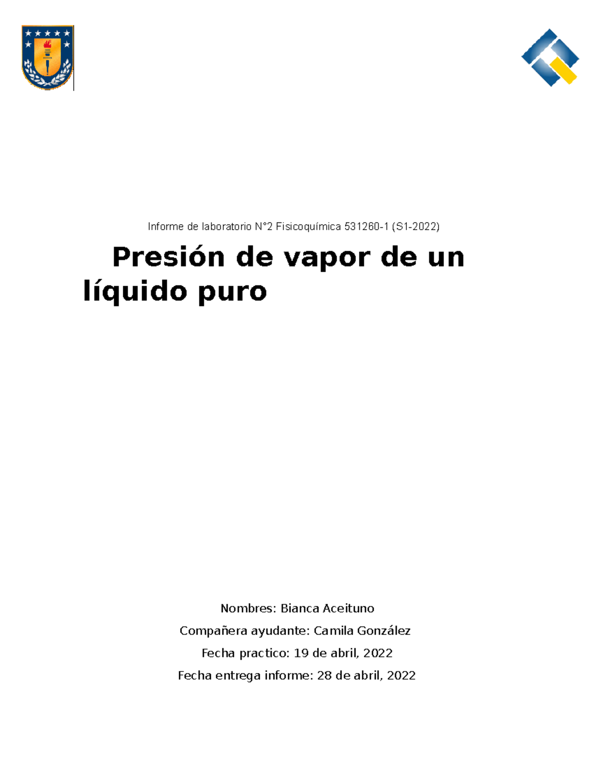 Informe De Laboratorio 2 Fisicoquimica Informe De Laboratorio N°2