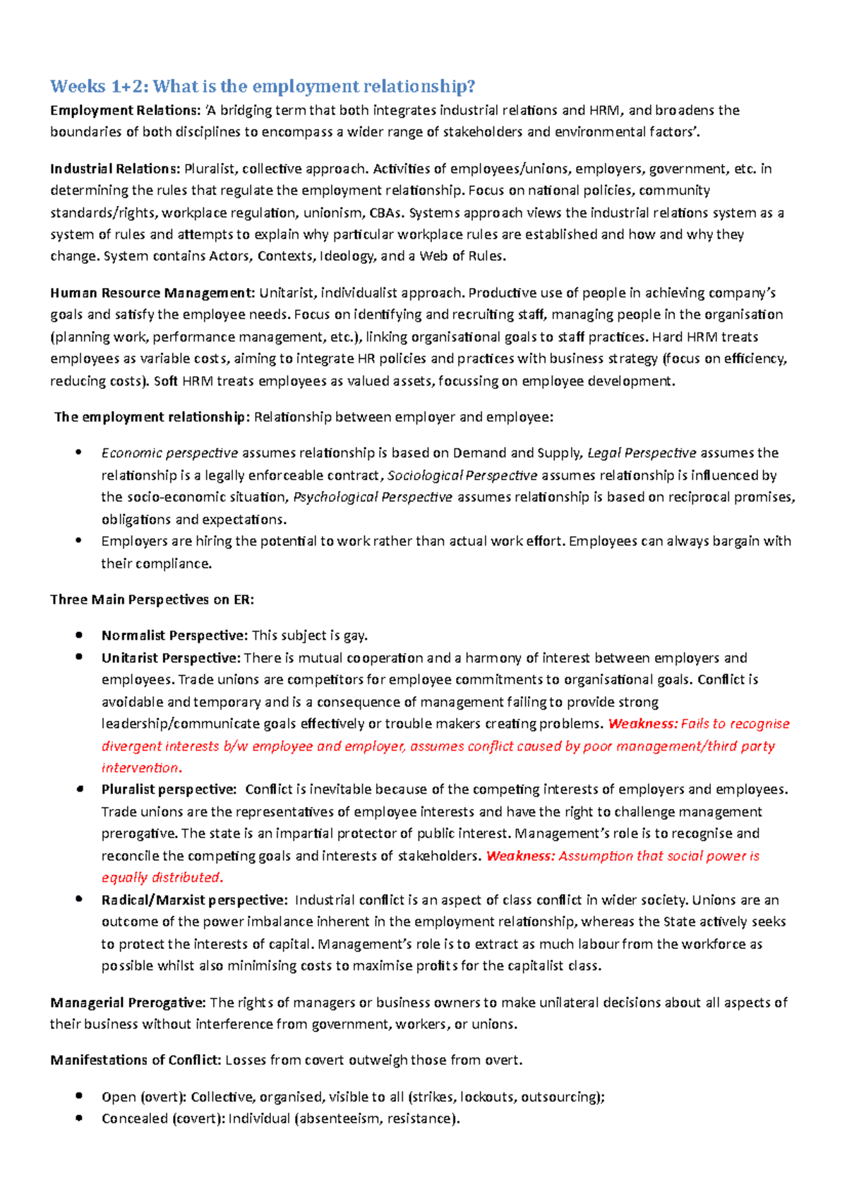 Employment Relation Exam Study Notes - Summary week 1 - 12 - Weeks 1+2 ...