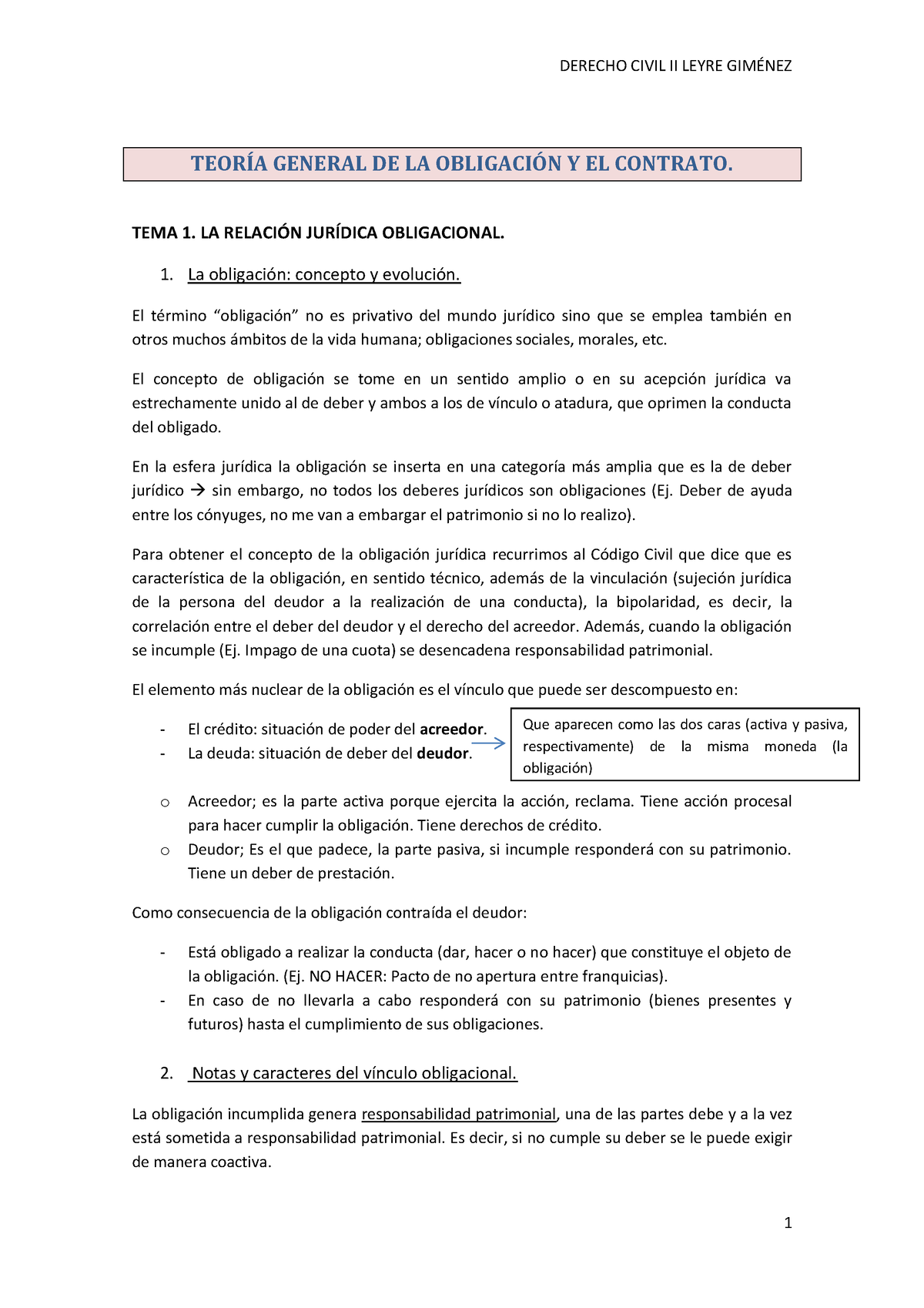 T1 Obligaciones - Tema1 - TEORÕA GENERAL DE LA OBLIGACI”N Y EL CONTRATO ...