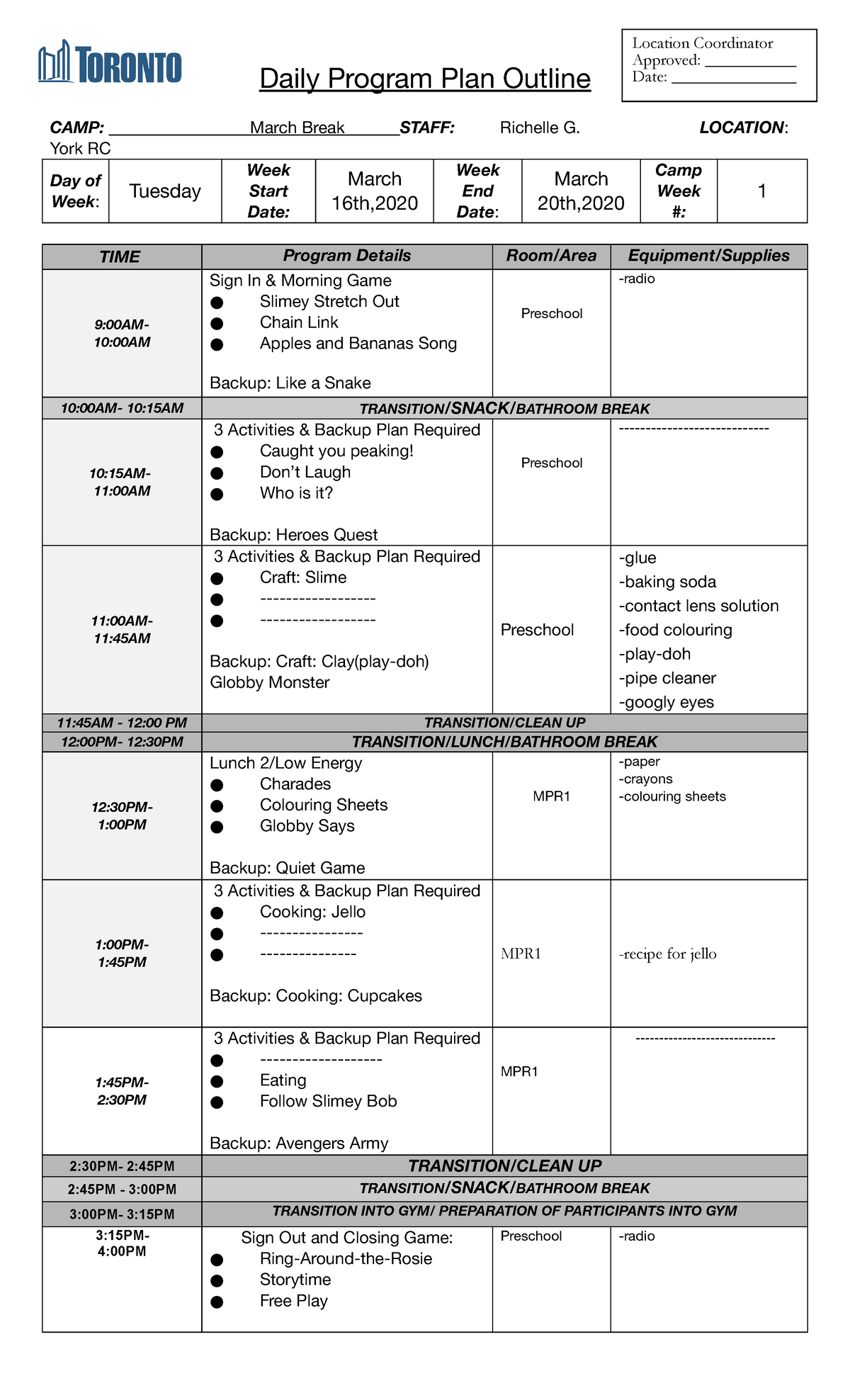 Daily Program Plan Template 2020 - Daily Program Plan Outline CAMP ...