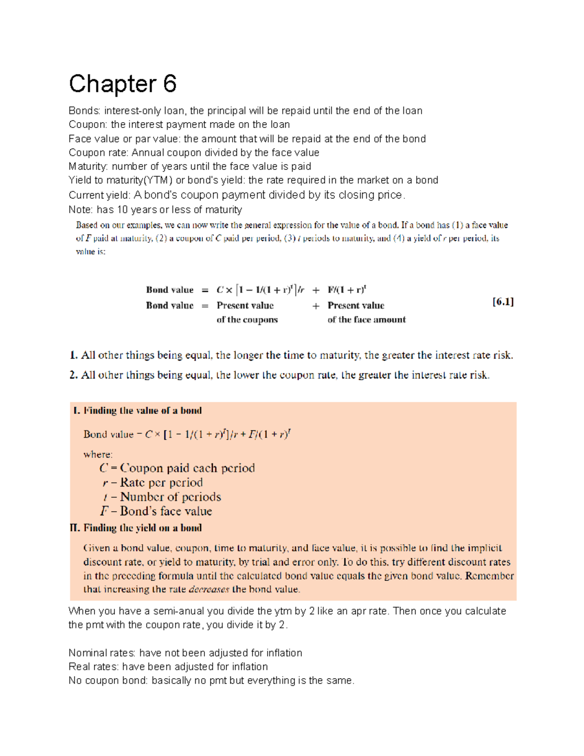 Finance 323 unit 2 notes - Chapter 6 Bonds: interest-only loan, the ...