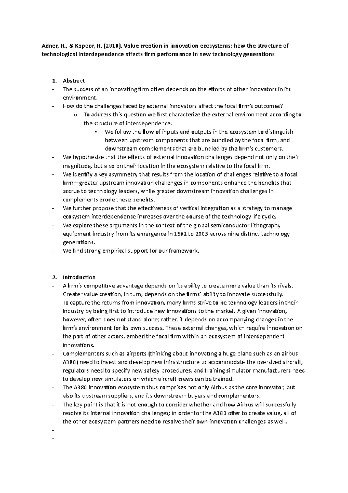 4.2 Adner, R., & Kapoor, R. (2010 ). Value creation in innovation ...