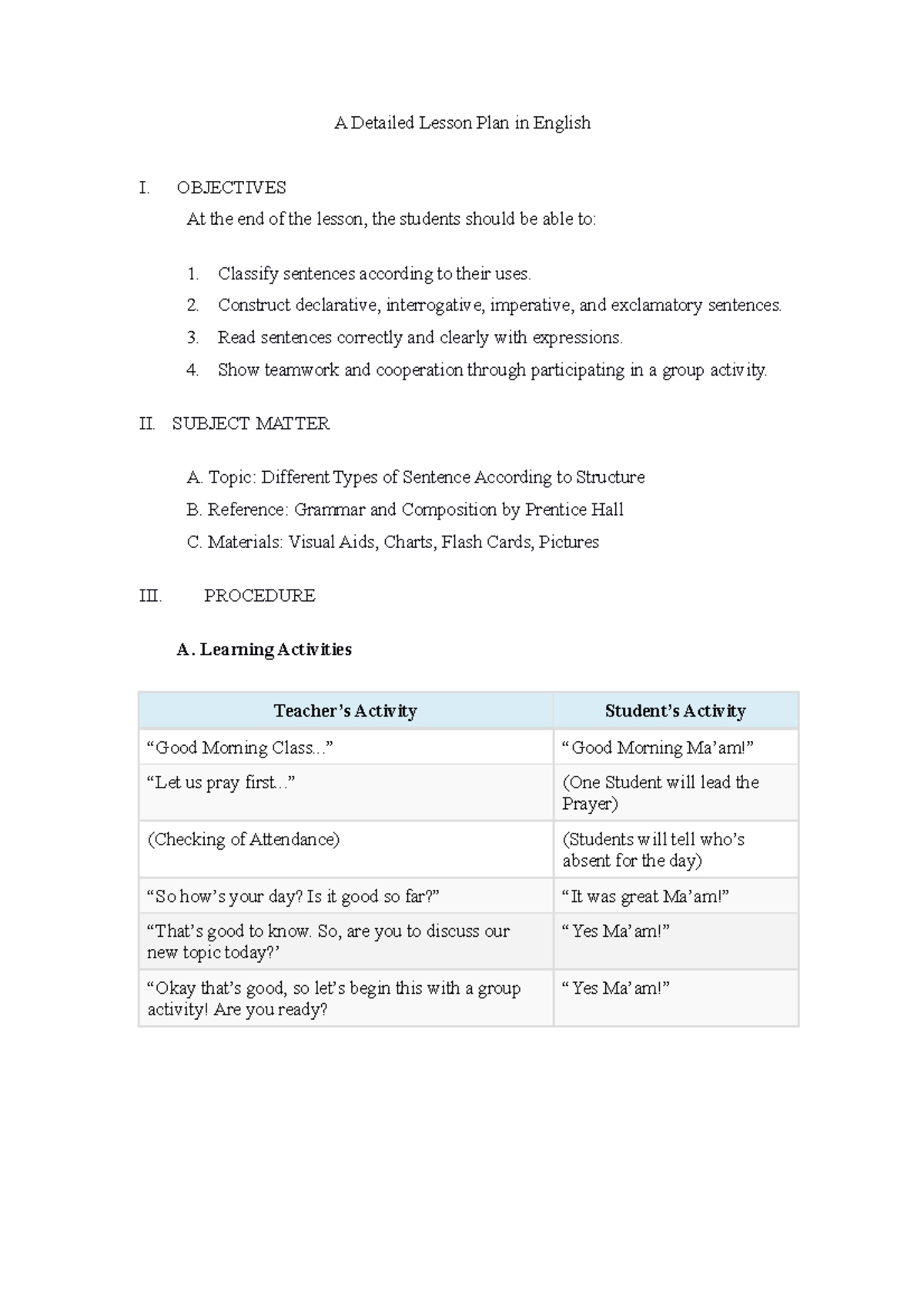 Grade 7 Types OF Sentences Detailed Linguistics OLFU StuDocu