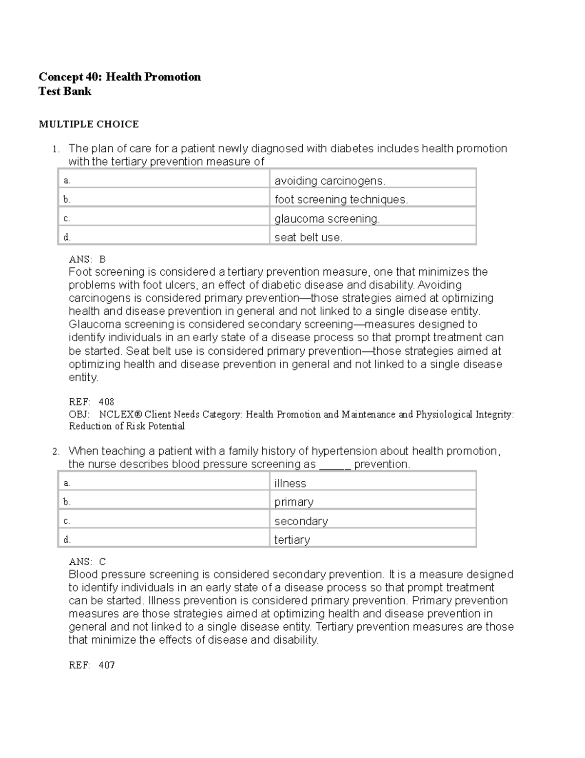 Concept 40 health promotion Concept 40 Health Promotion Test Bank