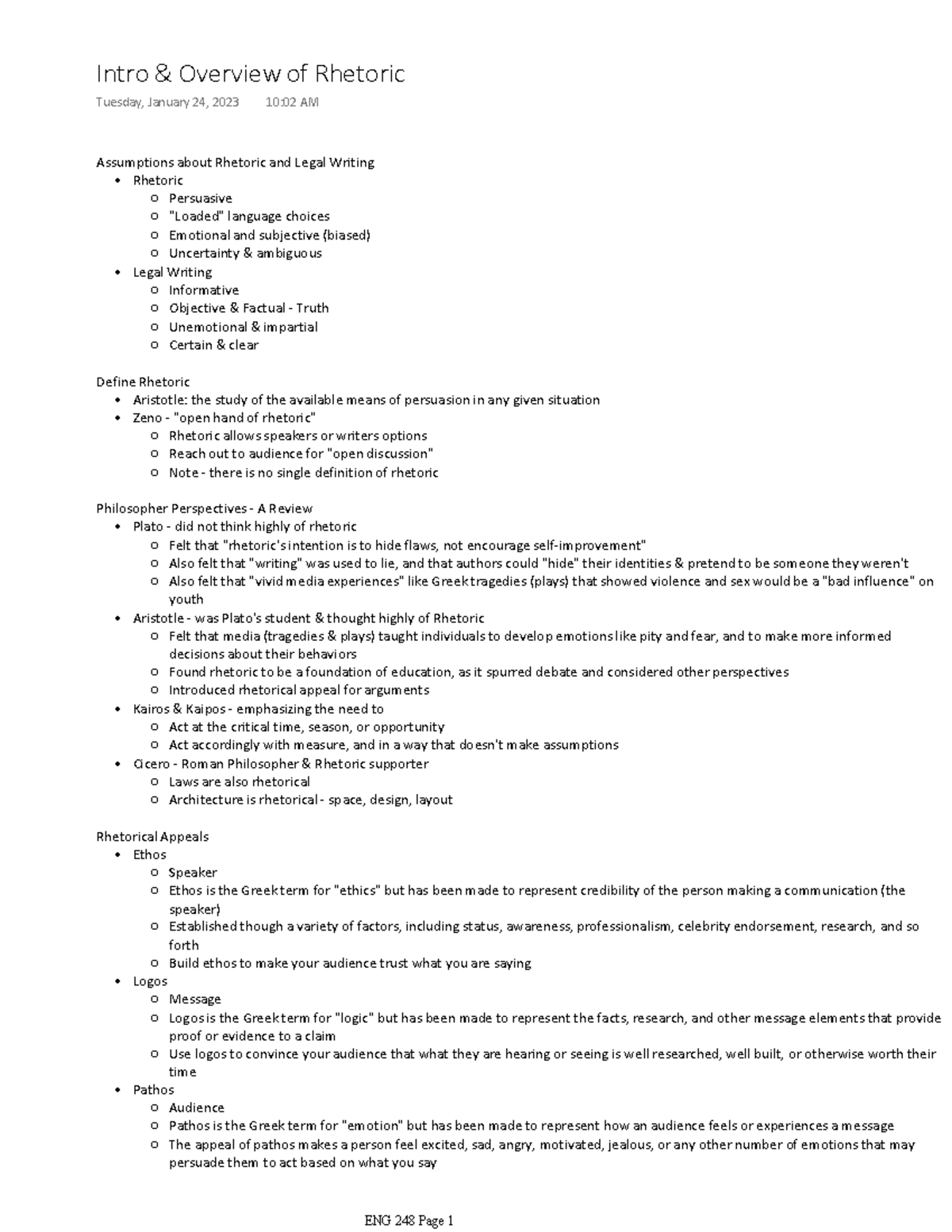 ENG 248 Intro and Overview of Rhetoric - Assumptions about Rhetoric and ...