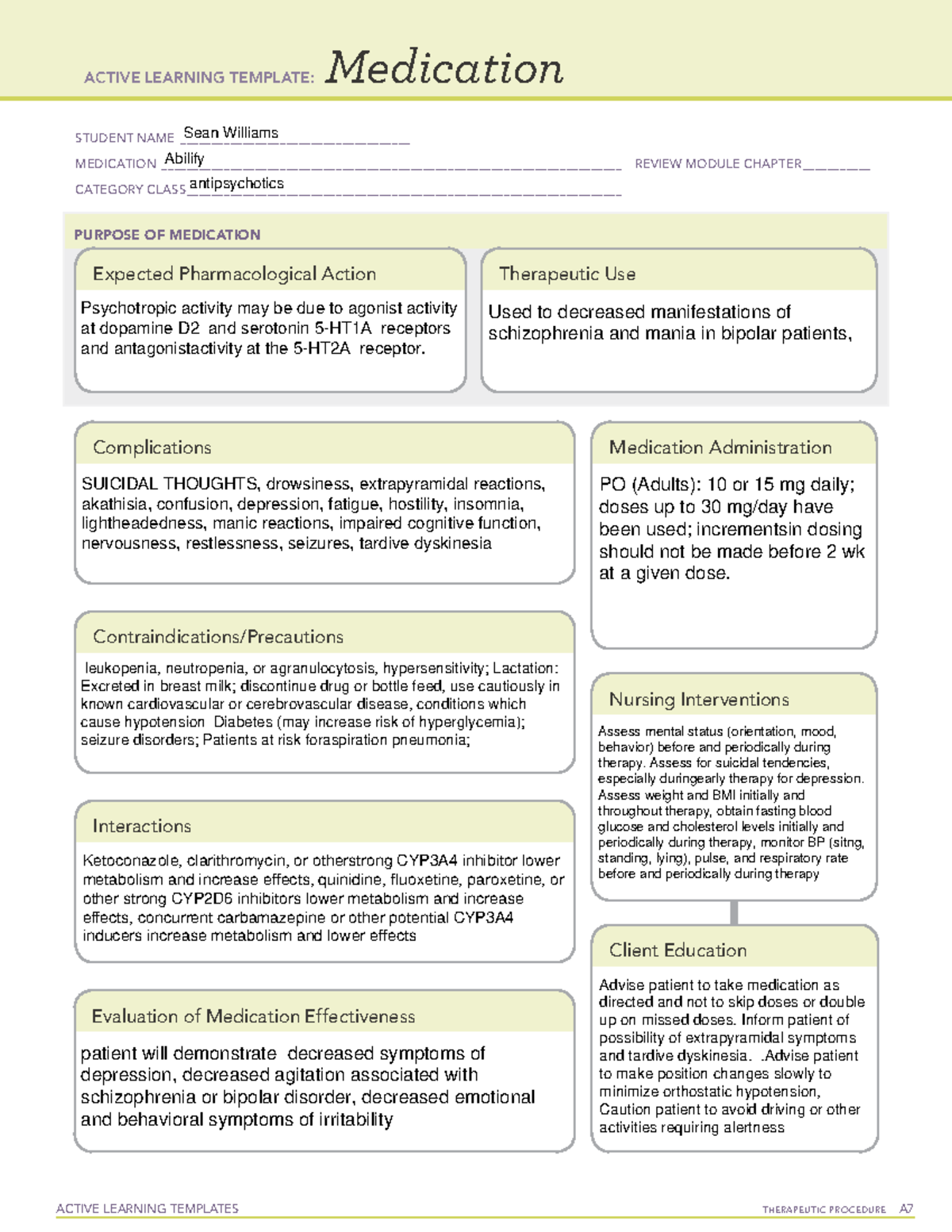 ATI Medication Template Abilify ACTIVE LEARNING TEMPLATES THERAPEUTIC 