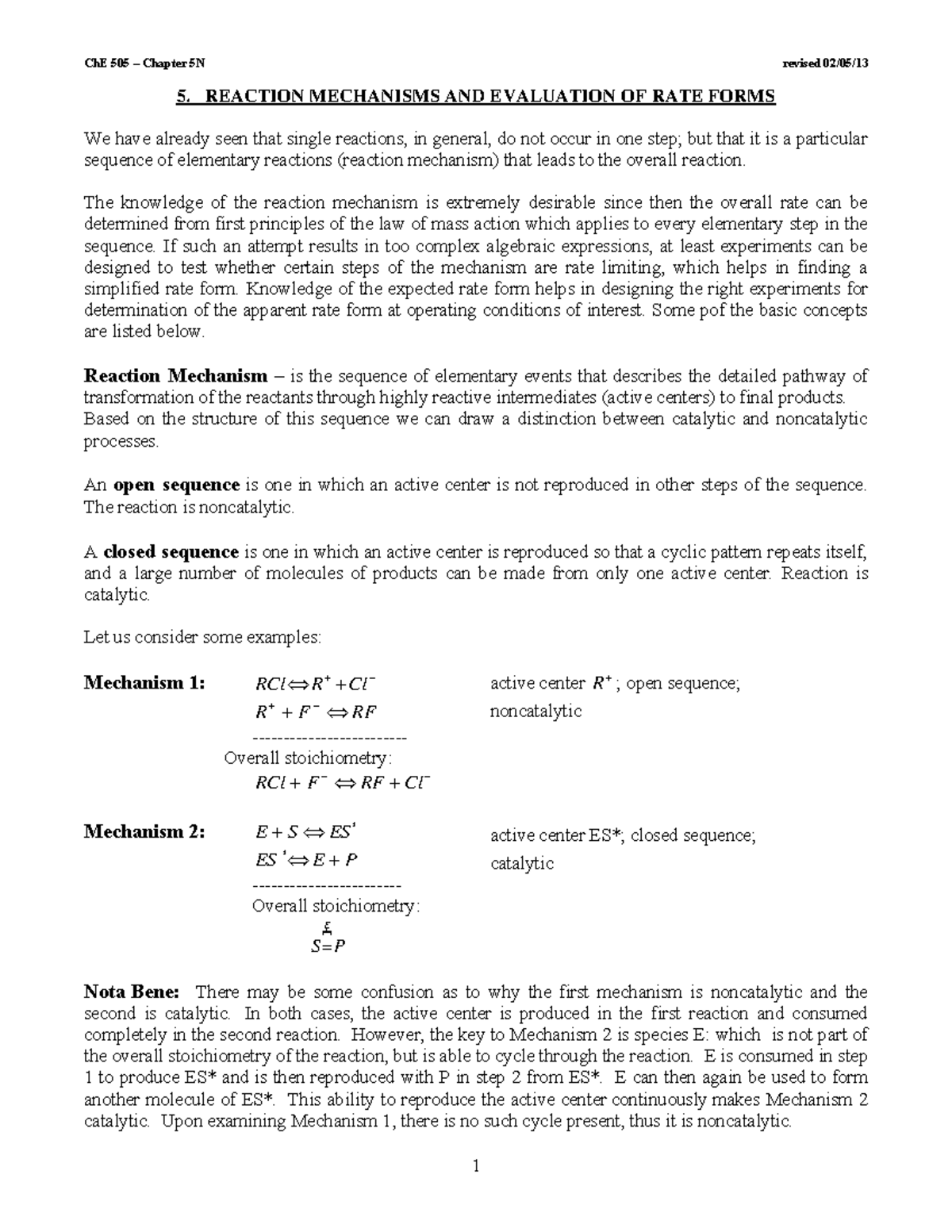 CHE505 2012-2013 Lecture Notes 5 - Reaction Mechanisms and Evaluation ...