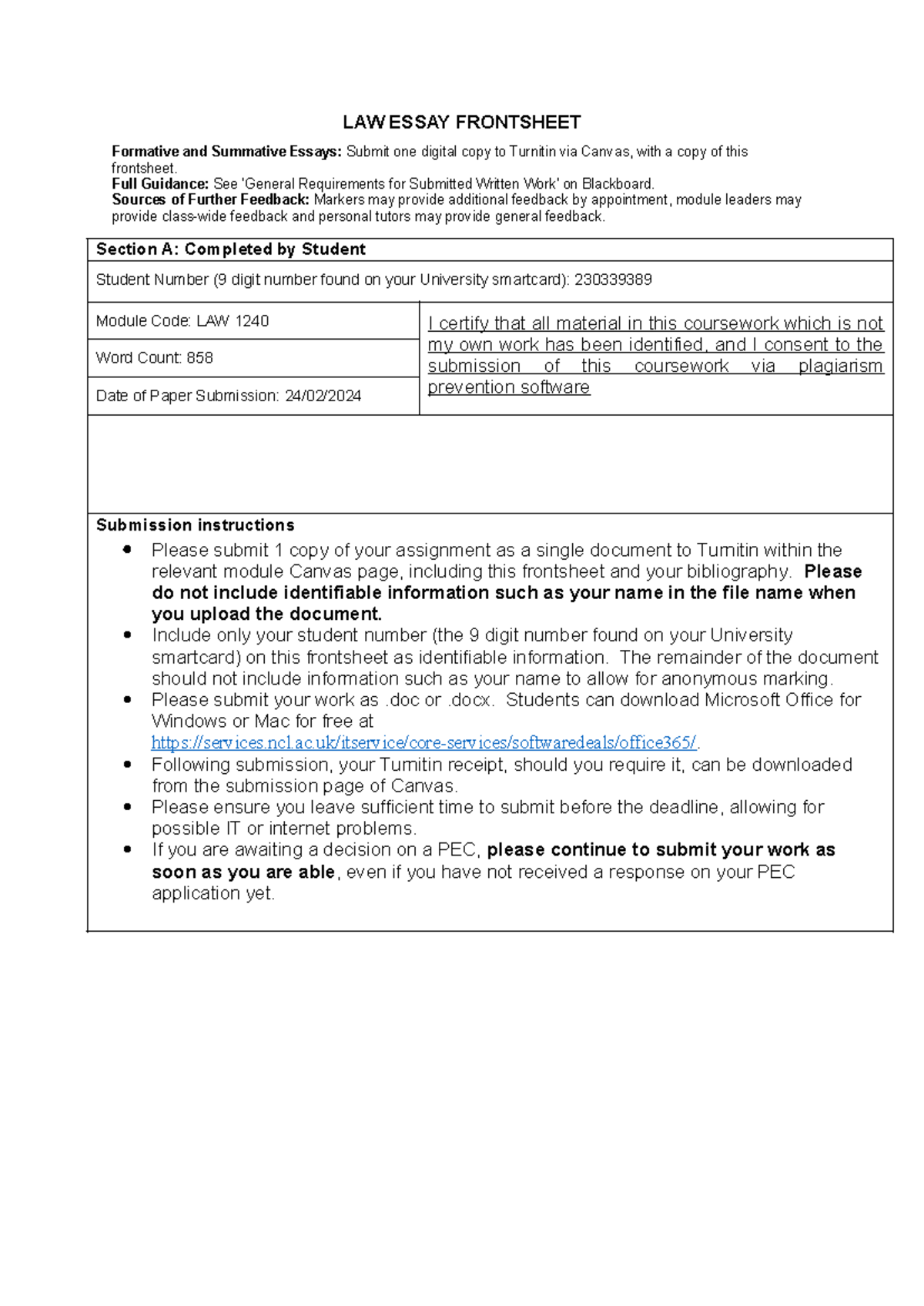 Formative Essay - LAW ESSAY FRONTSHEET Formative and Summative Essays ...