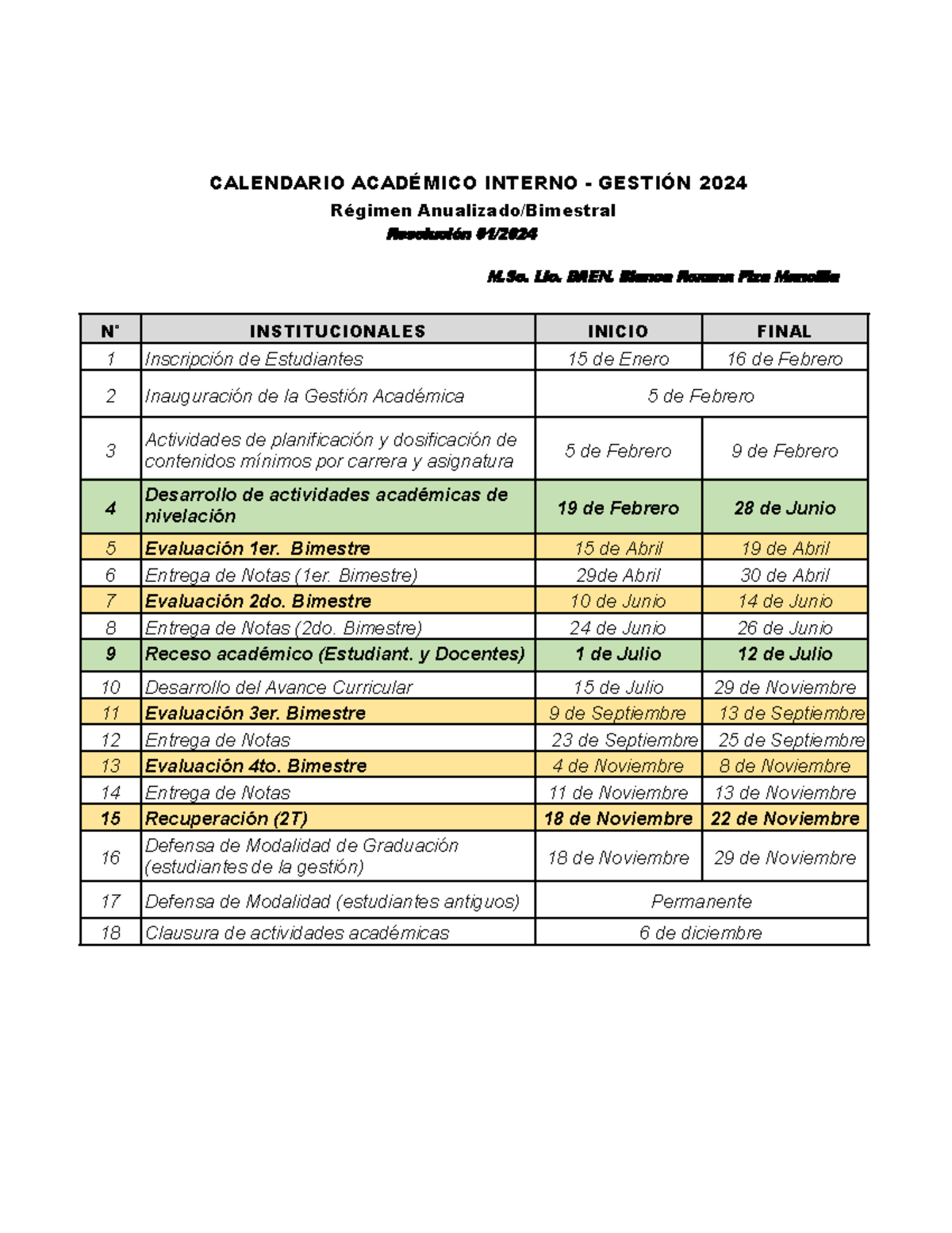 Calendario Académico 2024 - CALENDARIO ACADÉMICO INTERNO - GESTIÓN 2024 ...