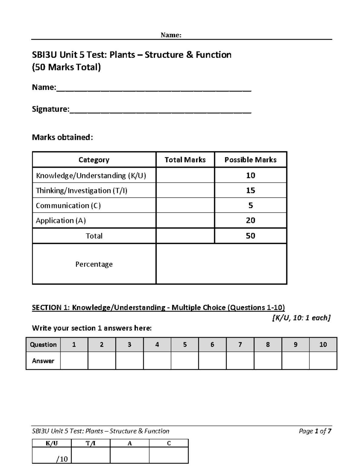 SBI3U Unit 5 Test (student version) - SBI3U Unit 5 Test: Plants ...