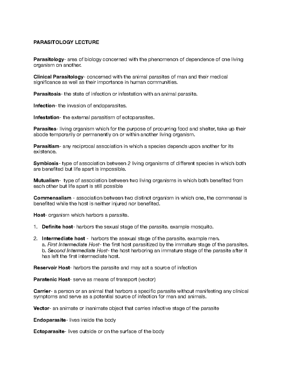 Para Lec - Transes - PARASITOLOGY LECTURE Parasitology- area of biology ...
