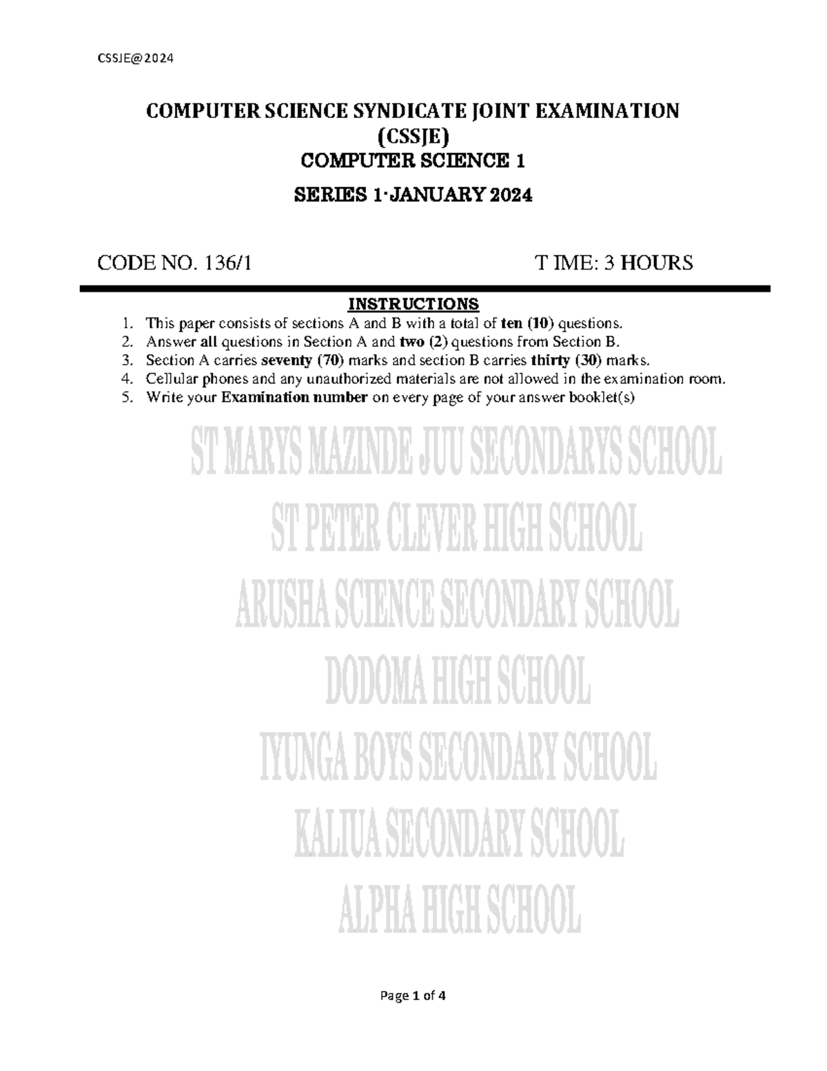 CS 1 - COMPUTER SCIENCE SYNDICATE JOINT EXAMINATION (CSSJE) COMPUTER ...