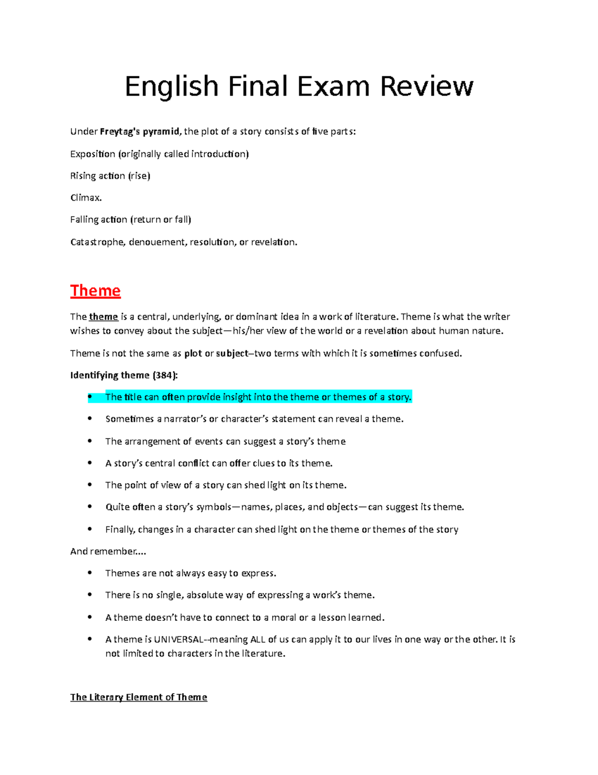 English Final Exam Review - English Final Exam Review Under Freytag's ...