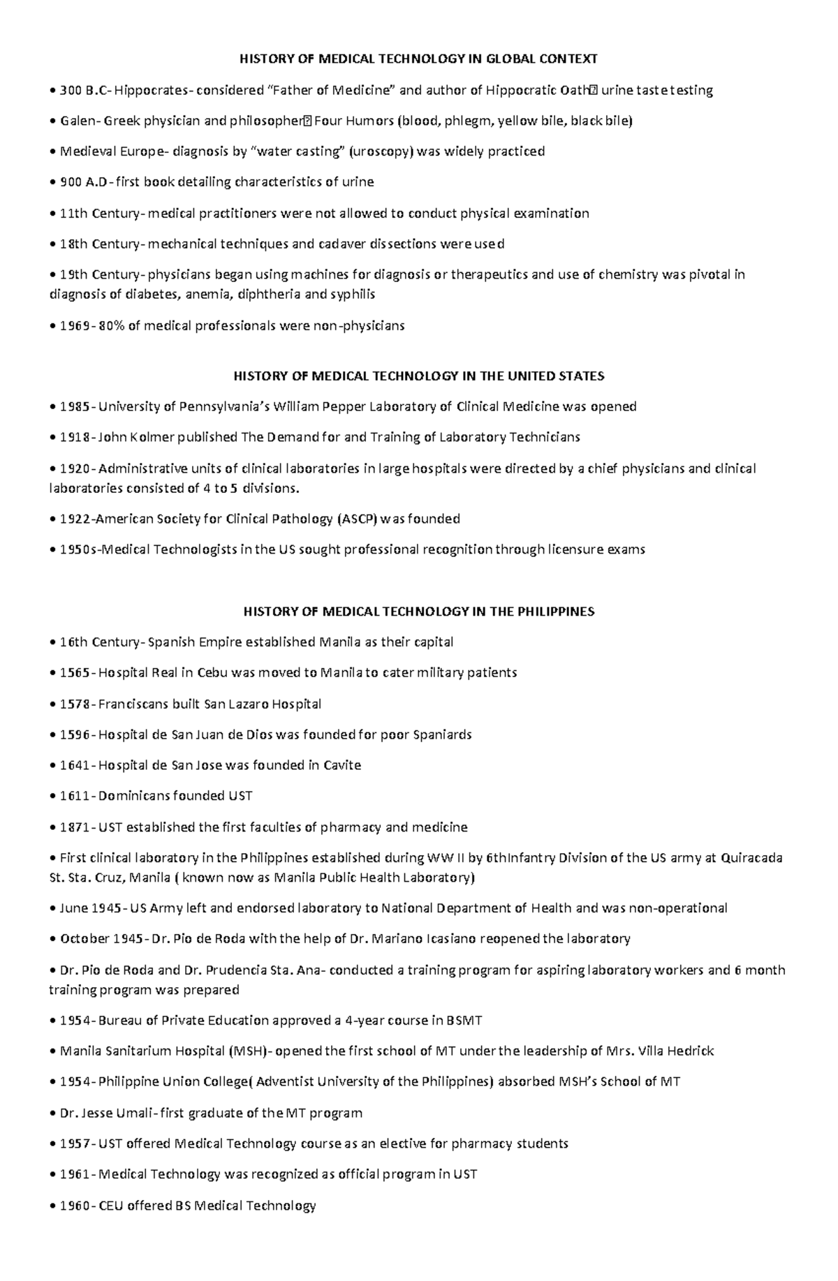 PMTP1 QUIZ 1 Reviewer - aww - HISTORY OF MEDICAL TECHNOLOGY IN GLOBAL ...