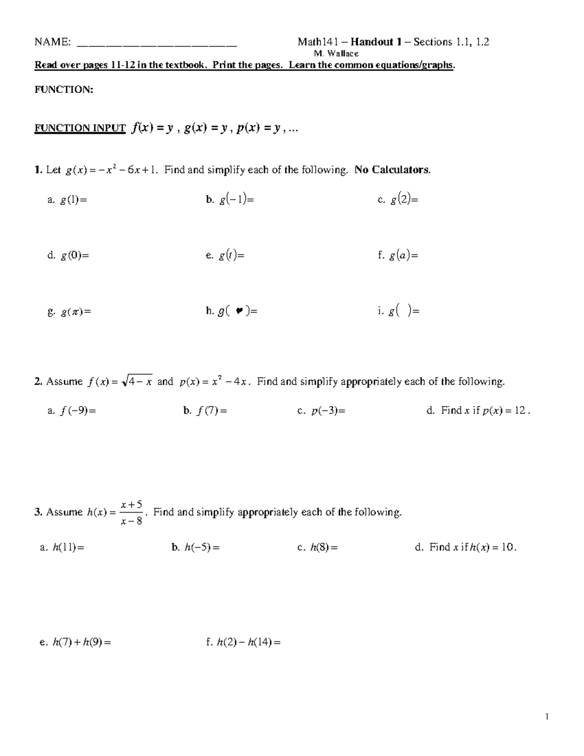 Math141-Handout 1 Funct Input No Circle Dom Rang Piecew - NAME