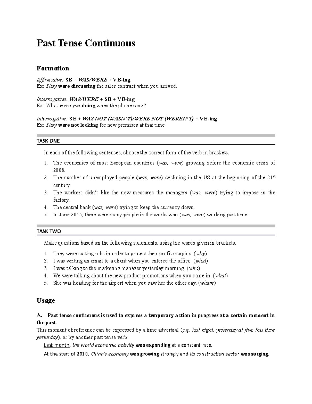 Past Tense Continuous - Lecture notes 6 - Past Tense Continuous ...
