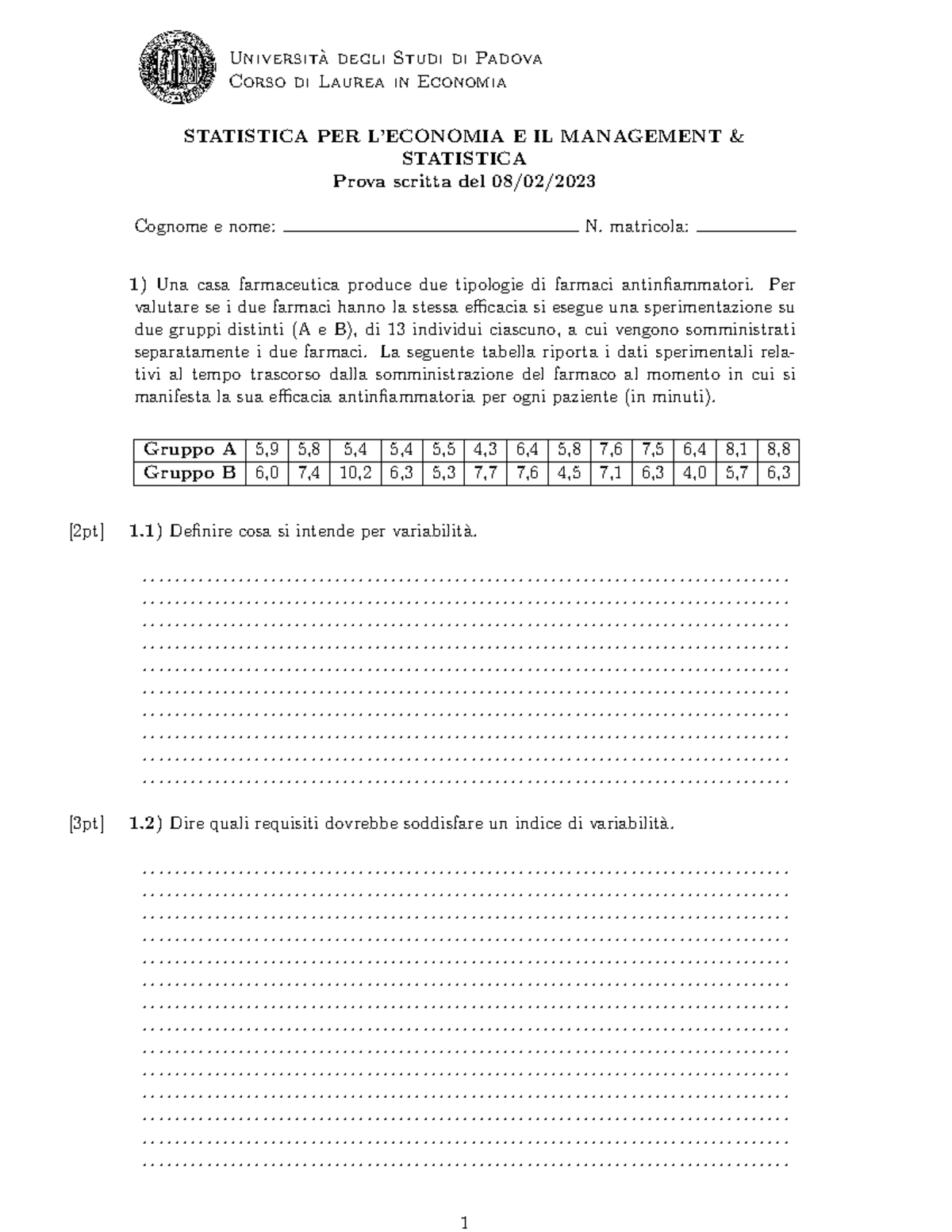 Statistica Esercitazione - Universit`a Degli Studi Di Padova Corso Di ...