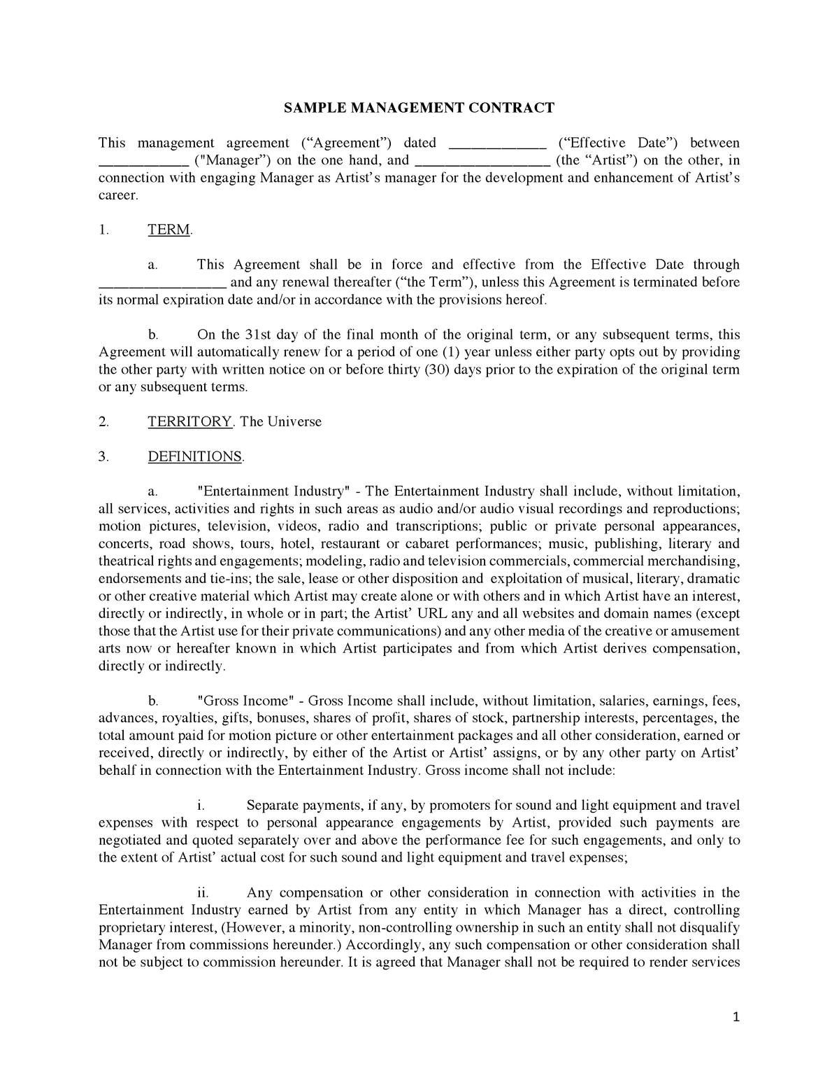 Sample-Mgmt-Contract - SAMPLE MANAGEMENT CONTRACT This management Intended For artist management contract templates