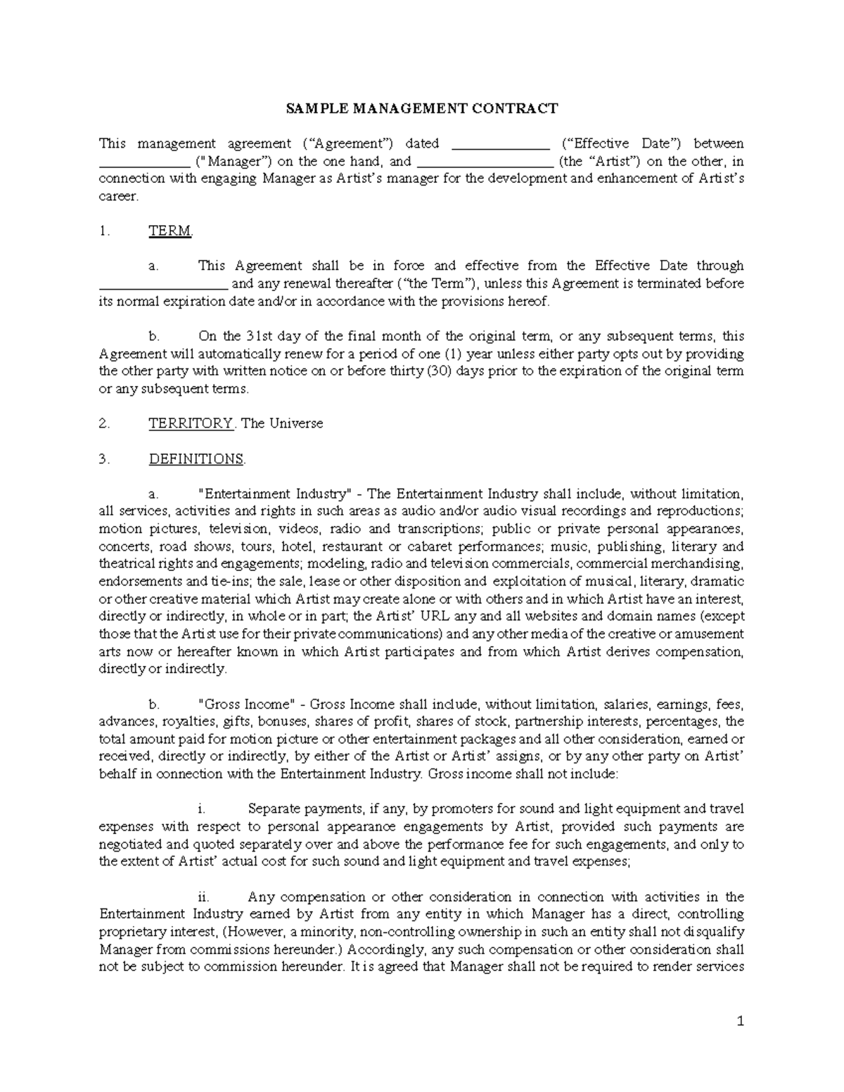 Sample-Mgmt-Contract - SAMPLE MANAGEMENT CONTRACT This management Intended For artist management contract templates