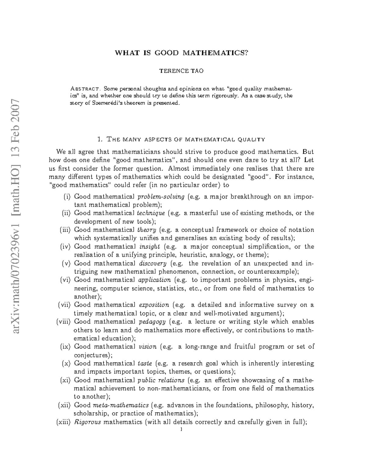 What is Good Mathematics - Terence Tao - arXiv:math/0702396v1 [math] 13 Feb  2007 WHAT IS GOOD - StuDocu