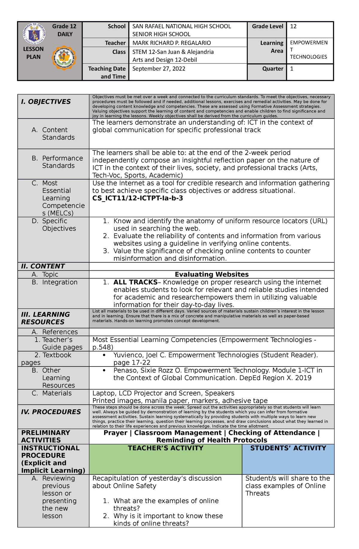 Etech COT1-updated - DLP for E-Tech - Grade 12 DAILY LESSON PLAN School ...