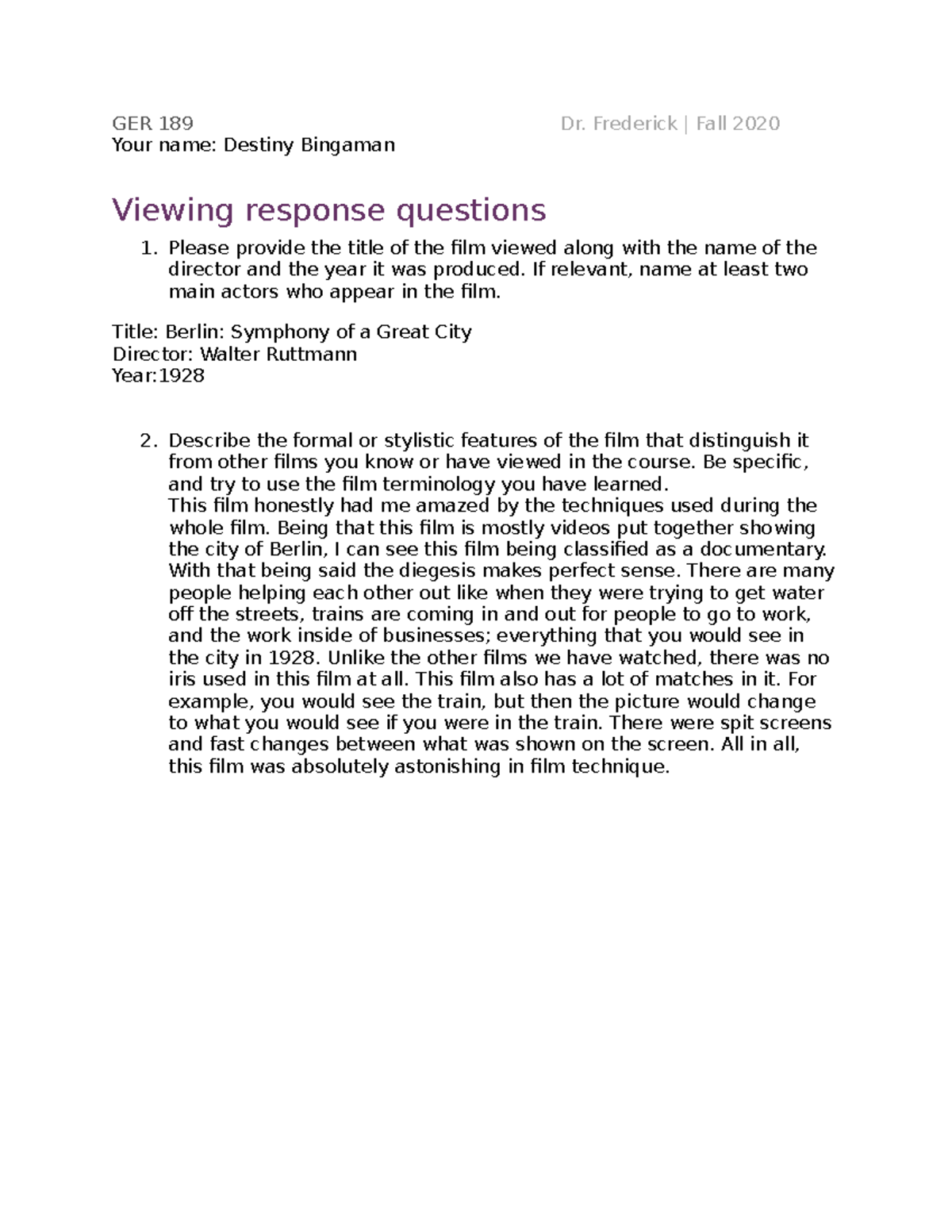 GER 189 response questions Fall20 (2) - GER 189 Dr. Frederick | Fall ...