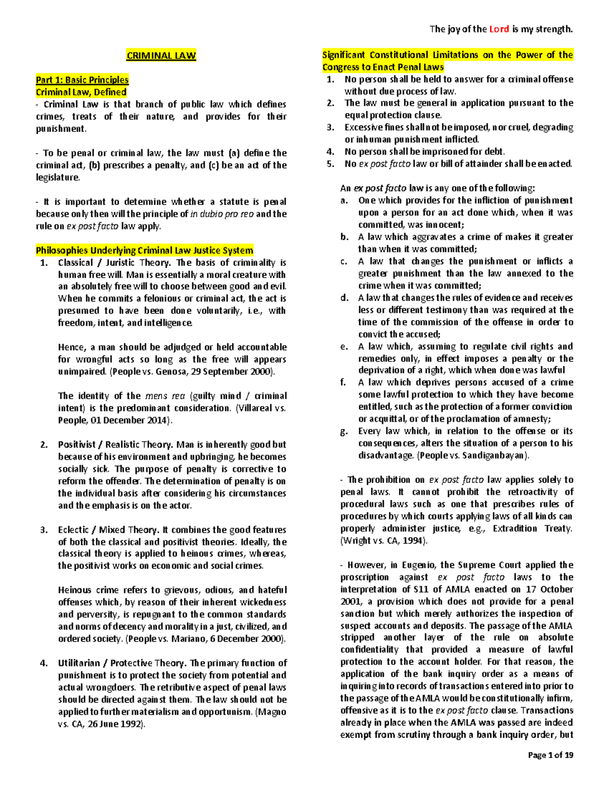 Criminal Law 1 Notes Pre week CRIMINAL LAW Part 1 Basic Principles 