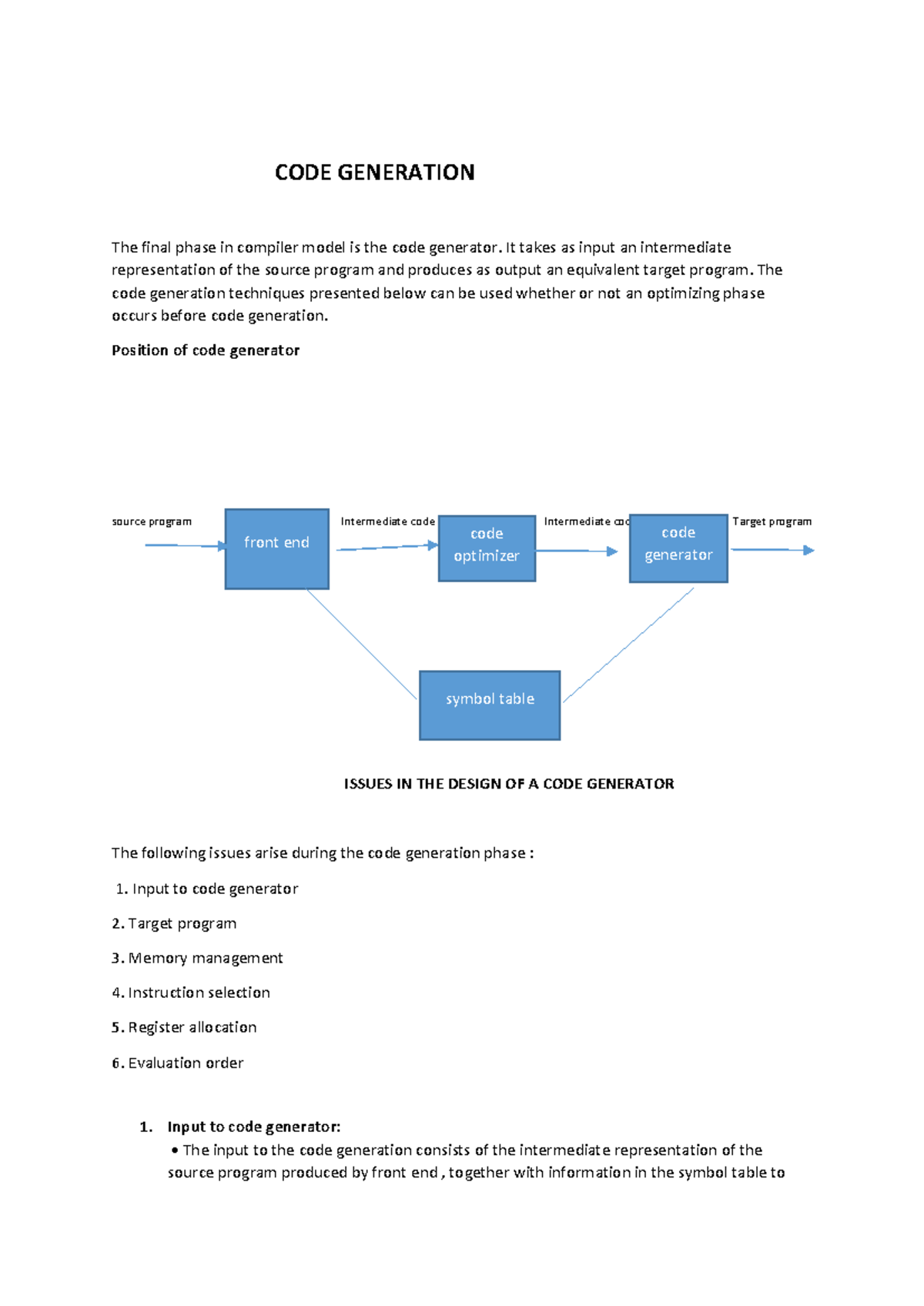 CODE Generation and issues - CODE GENERATION The final phase in ...