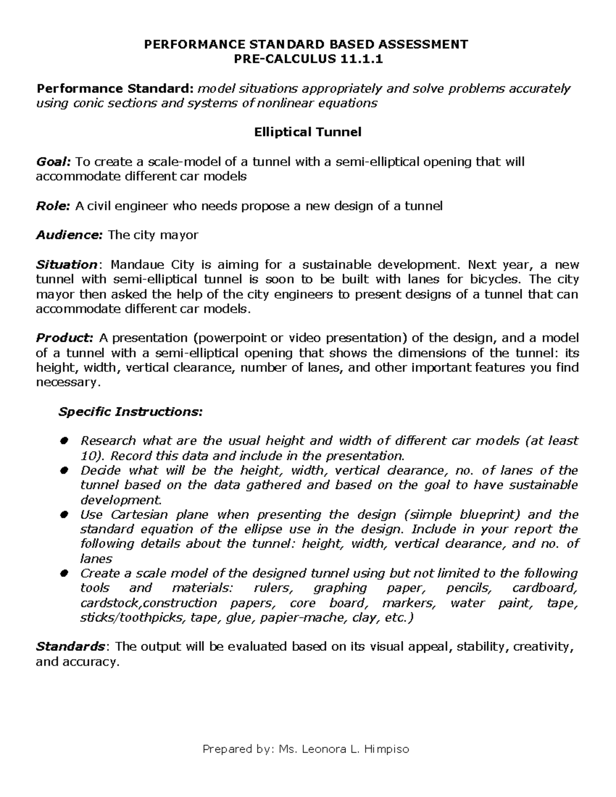 PreCalculus 11 PETA PERFORMANCE STANDARD BASED ASSESSMENT PRE