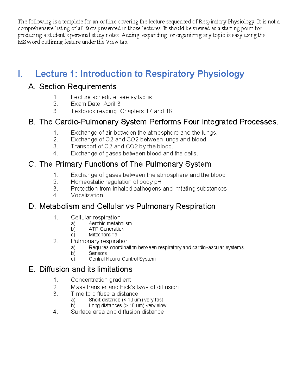 Respiratory Physiology Outline Spring 2023 - The Following Is A ...