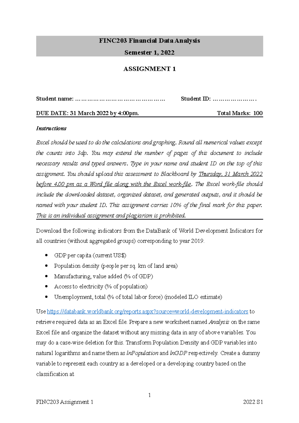 FINC203 Assignment 1 S1 2022 - FINC203 Financial Data Analysis Semester ...