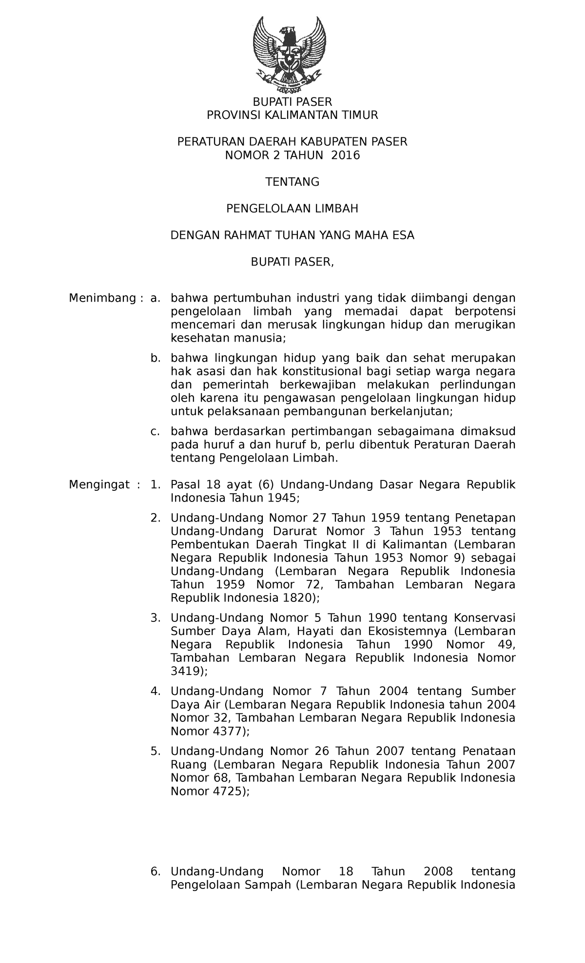 2. Perda Tentang Pengelolaan Limbah 31 - BUPATI PASER PROVINSI ...