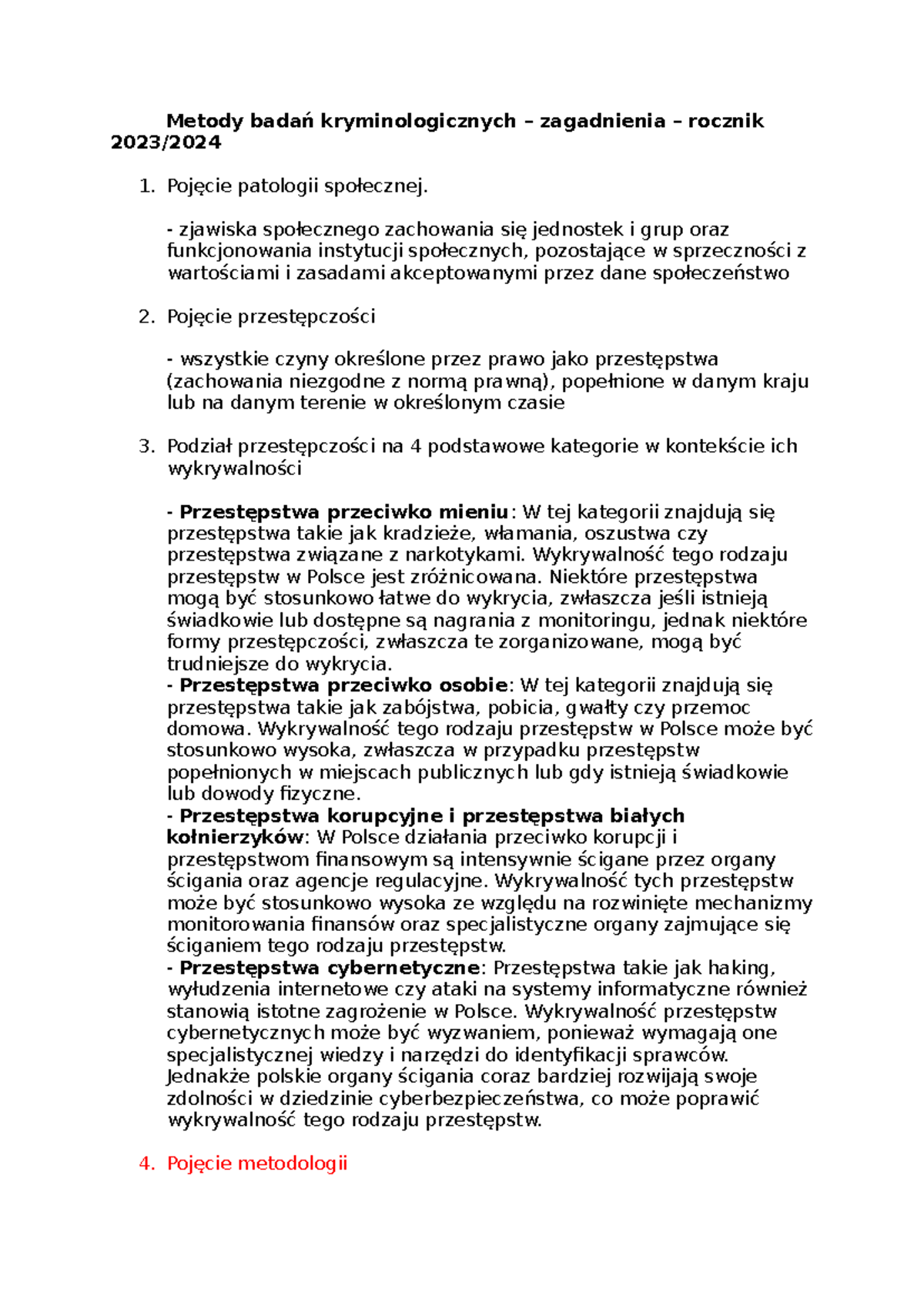 Metody badań kryminologicznych – zagadnienia – rocznik 2023-2024
