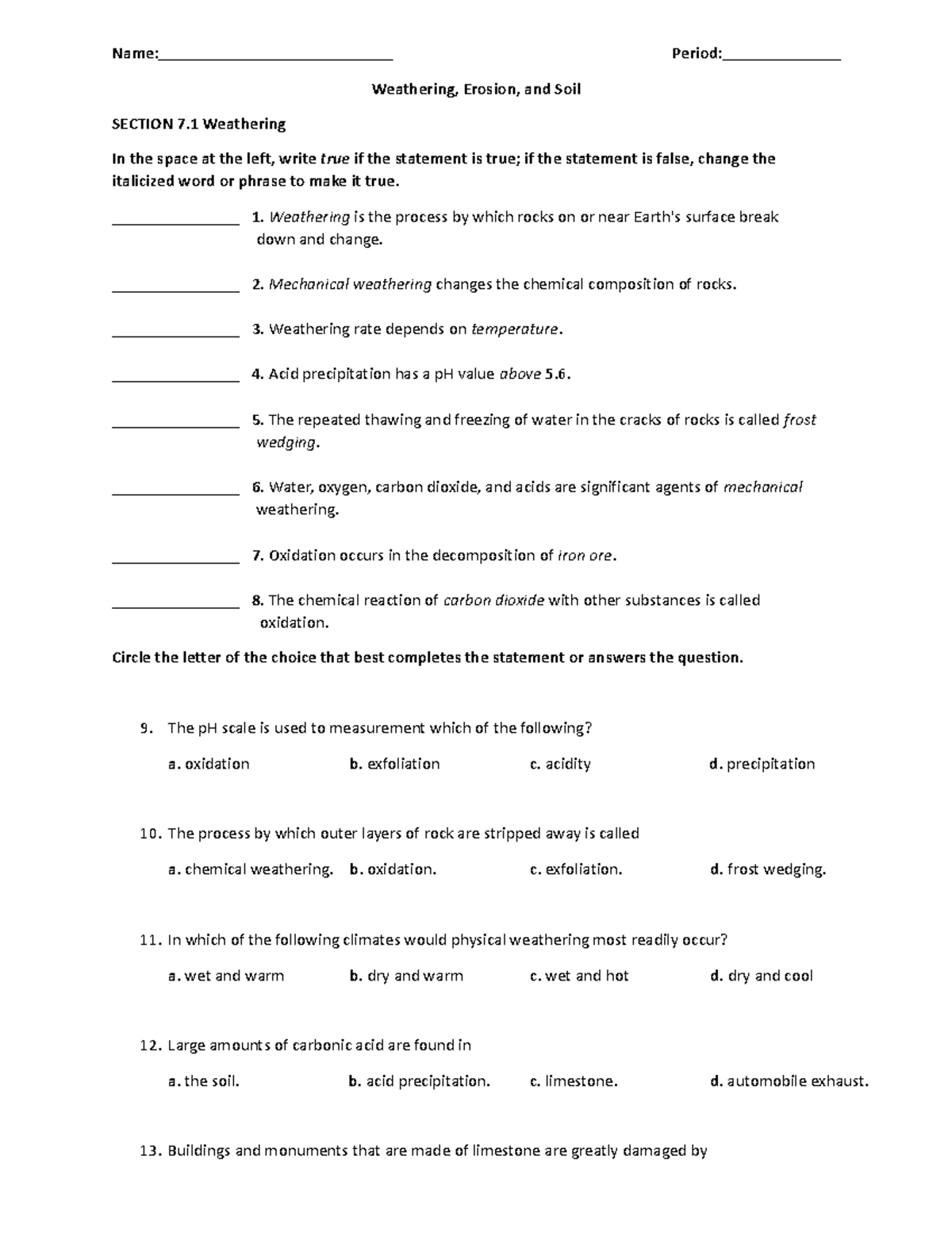 Weather Erosion Worksheet - Name: Period: Weathering, Erosion, and Soil ...